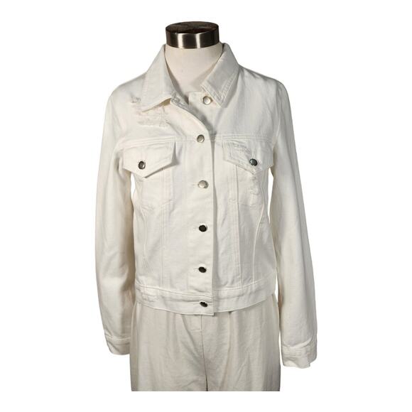 White Destressed Destroyed Classic Jean Jacket 100% Cotton Twill Honey Punch NWT - Picture 2 of 8